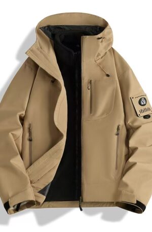 3-in-1 Detachable Fleece Liner Waterproof Windproof Jacket, Unisex Arm Badge Cargo Hooded Shell Coat Contrast Zipper Outdoor Hiking Ski Jacket