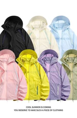Loose Oversized Contrast Line Sun Skin Windbreaker, Thin Breathable Anti-UV Hooded Coat For Beach Camping Daily Commute Couple Matching Outfits
