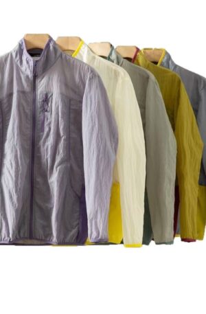 Minimalist Stand Collar Color Trim UV Block Skin Jacket, Thin Wrinkle Breathable No-Hood Sun Coat For Business Commute Hiking Fishing Daily Casual Couple Matching