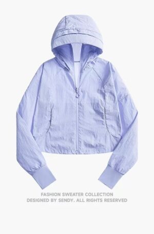 Ladies Cropped Double Brim Hood UV Protection Jacket Lightweight Crinkle Sun Windbreaker