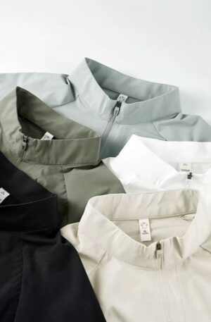 Men Laser Perforated Back Half Zip Stand Collar Quick Dry Polo Shirt, UPF50+ Ice Silk Raglan Short Sleeve T-Shirt, Waterproof Seamless Bonded Pocket Wrinkle Free Stretch Athletic Golf Top 5 Solid Colors