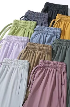 Ice Silk UPF50+ Quick Dry Straight Leg Pants Elastic Drawstring Waist Zip Pocket Breathable Outdoor Jogger Trousers