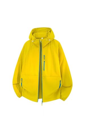 Oversized Loose Contrast Zipper UV Block Skin Jacket, Thin Crinkle Breathable Hooded Sun Coat For Hiking Camping Cycling Daily Travel Couple Matching